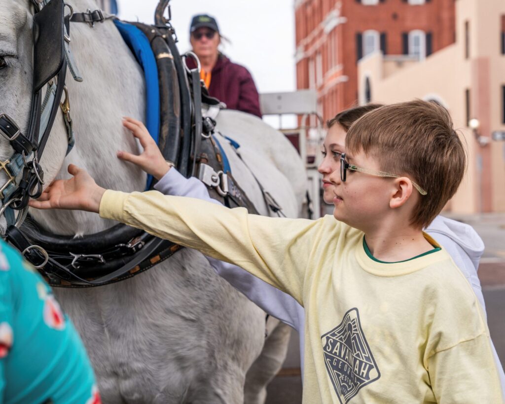 Children petting a carriage horse in Savannah City Market